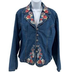 Gordon James Jean Jacket Sz XL Dark Wash Denim Floral Paisley Embroidered Blazer